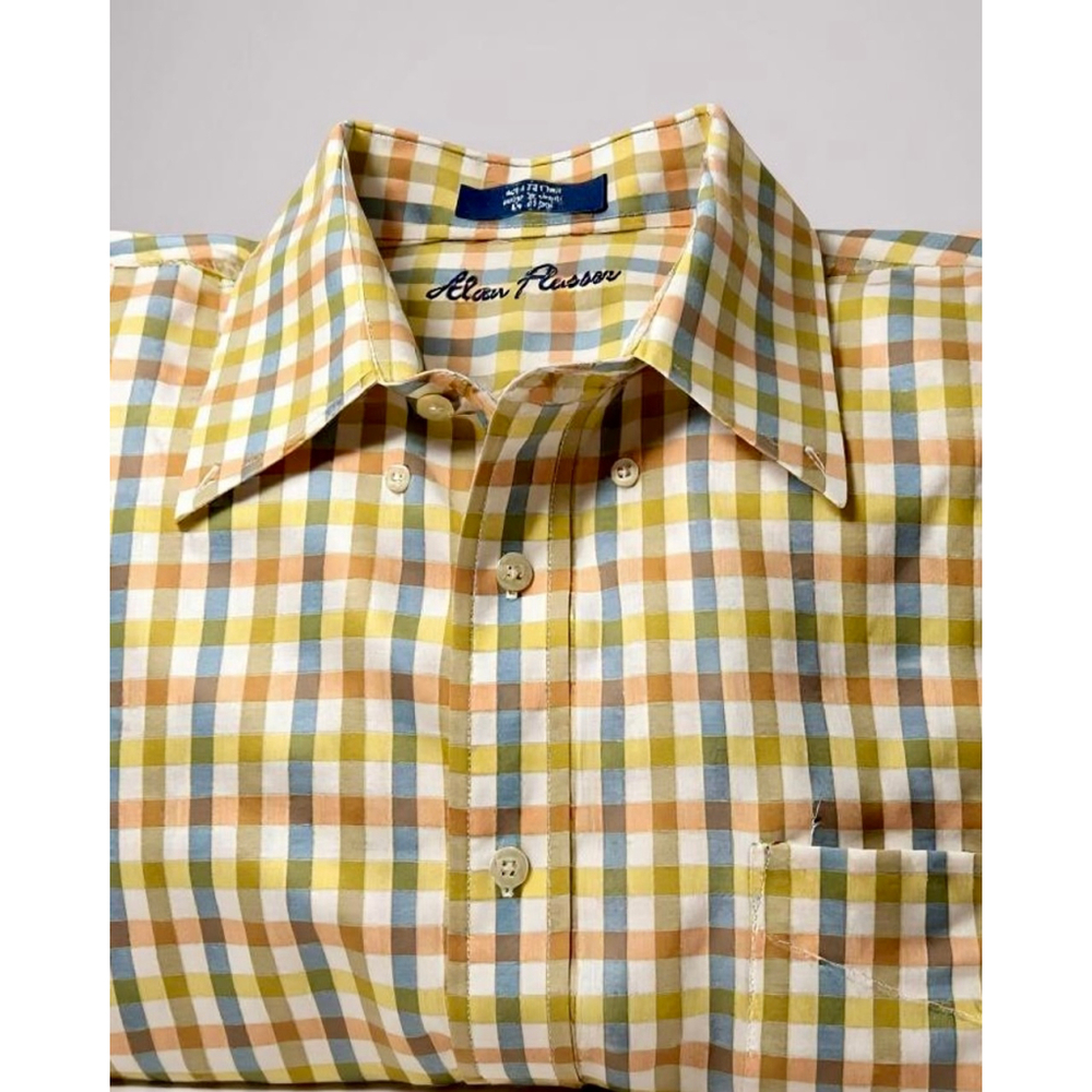 Alan Flusser Button Down Men’s Shirt XL Yellow Orange Plaid